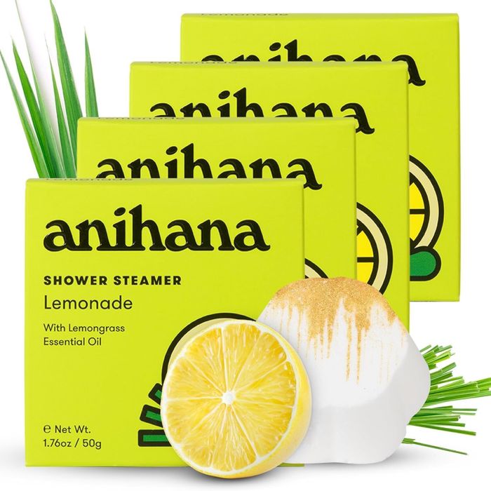 Four boxes of Anihana Lemonade Shower Steamers, featuring lemongrass and lemon imagery.