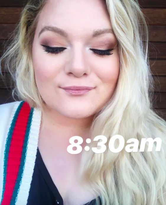A customer review photo showing their eye makeup done at 8:30 a.m.