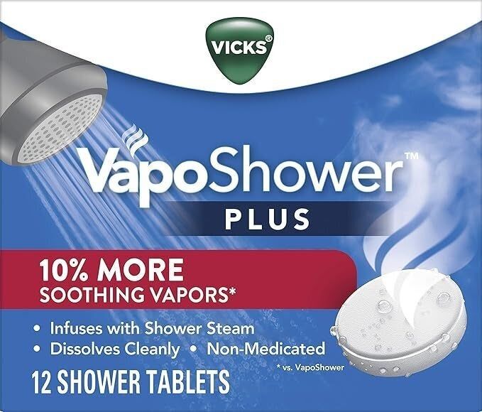 Vicks VapoShower Plus package, showcasing shower tablets that release soothing vapors. Includes 12 non-medicated tablets.