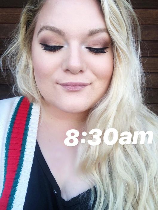 A reviewer showing their eye makeup at 8:30 a.m. looking fresh and intact
