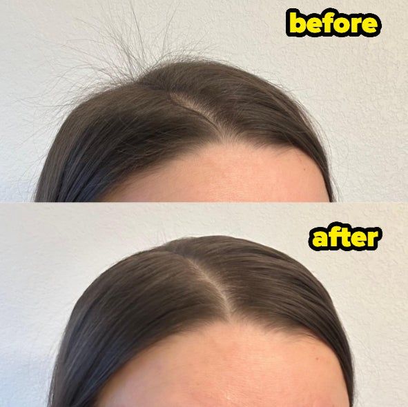 Before and after shots showcasing hair that's noticeably smoother and with less frizz, illustrating the product's effectiveness in taming unruly strands.