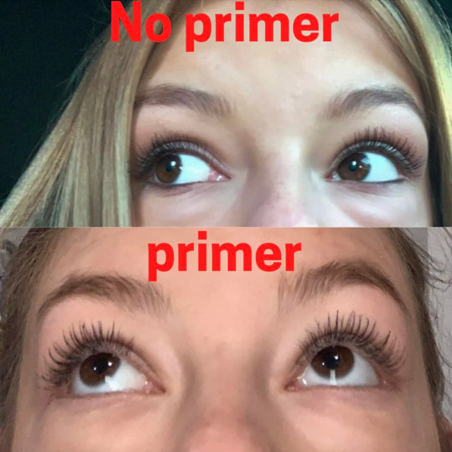 A reviewer wearing mascara without primer, followed by a second image showing them wearing primer with mascara, giving their lashes a fuller appearance.