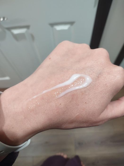 The sunscreen applied to a reviewer's hand