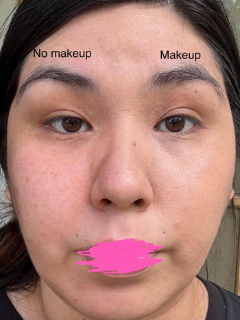 Split-face comparison showing the left side bare and the right side with makeup, emphasizing the difference in texture and tone of the skin.