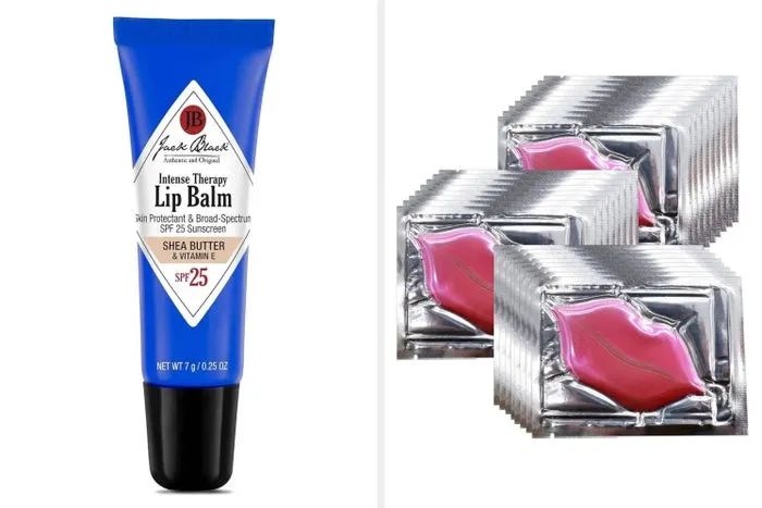 A lip balm tube with SPF 25 and shea butter, placed next to lip-shaped soaps in silver packaging. Featured in a shopping guide.