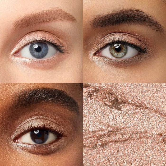 A close-up shot of three eyes showcasing shimmering eyeshadow, with a texture swatch to highlight the product's application.