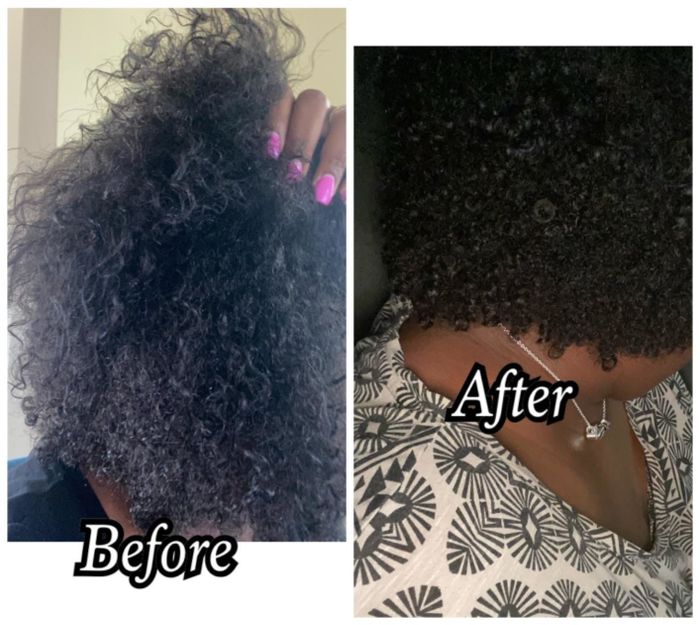 A reviewer proudly shows off the results after using the TGIN hair mask, showcasing their hydrated, healthy hair.