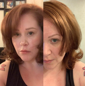 Two side-by-side images of a reviewer with shoulder-length hair, wearing a sleeveless top, showing both a front and side view.