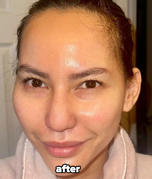 The reviewer after removing the mask, showing radiant, glowing skin.