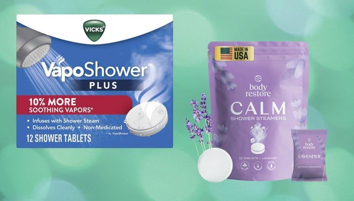 Two shower steamer bundles: VapoShower Plus and Calm Shower Steamers with lavender. Crafted to provide a calming shower experience.