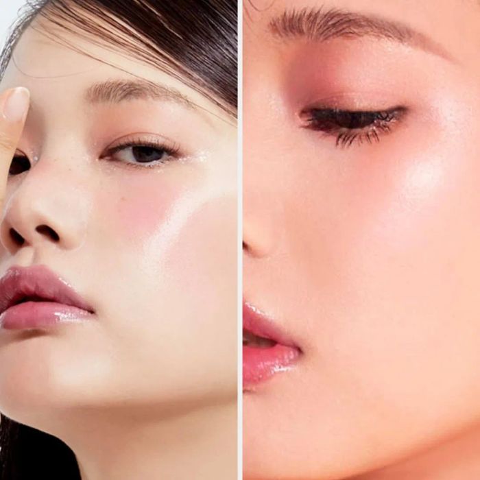 Close-up of two faces with dewy, glowing skin, demonstrating makeup techniques to achieve a radiant complexion