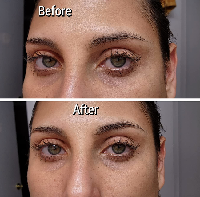 Before-and-after images showing the transformation with the brow glue.