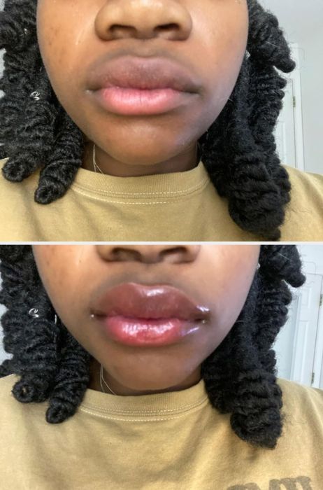 Before-and-after images of a reviewer showing lips that are more moisturized and glossy with a pink tint.