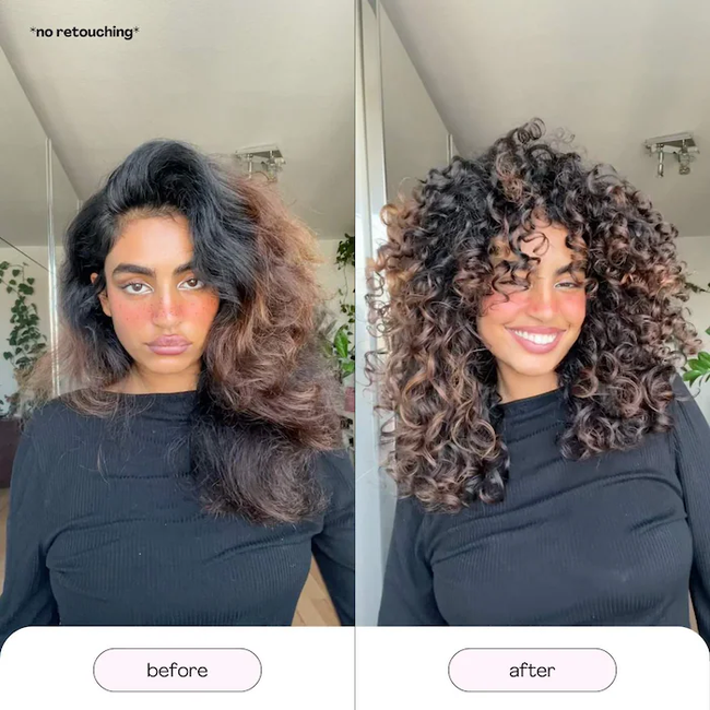 A person showing their hair before and after using the bounce cream