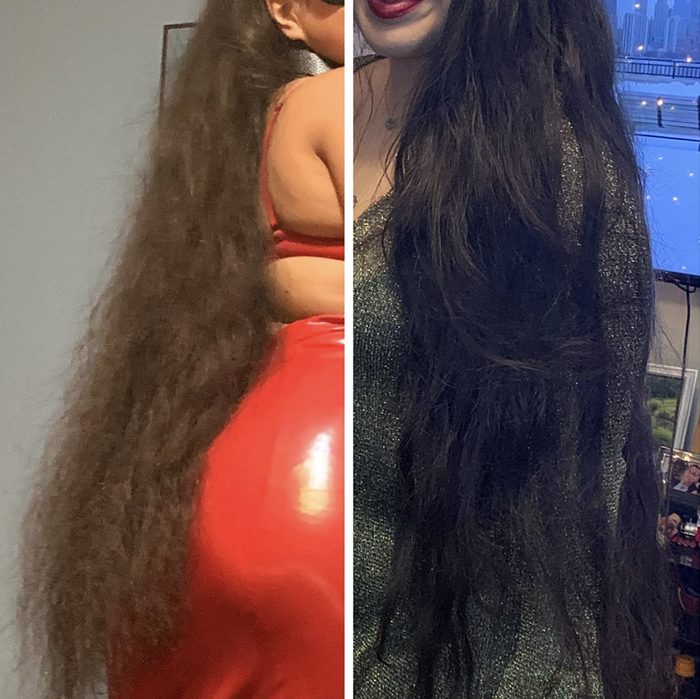 A customer’s photo showing their damaged hair, followed by a picture of their hair looking significantly healthier after using the Wonder Water treatment