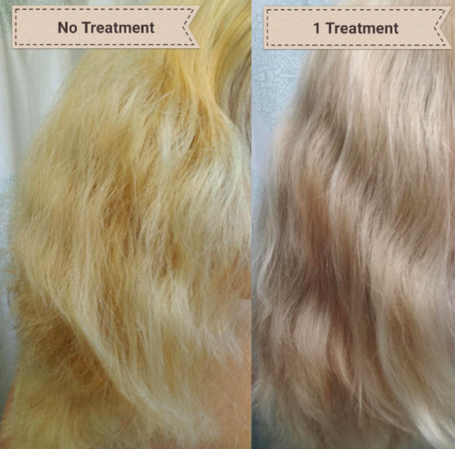 A reviewer's before-and-after showing the transformation of their hair using Olaplex
