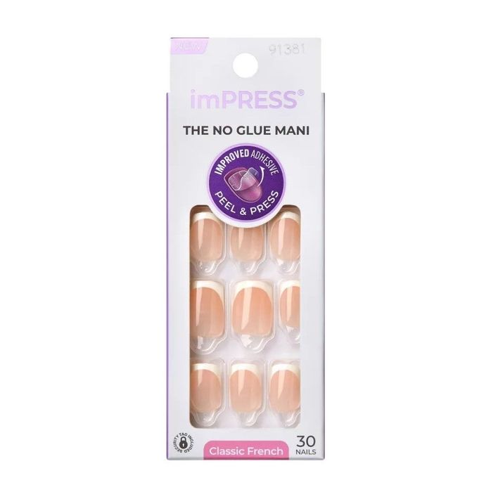 imPRESS press-on nails packaging, featuring 30 classic French-style nails with improved adhesive