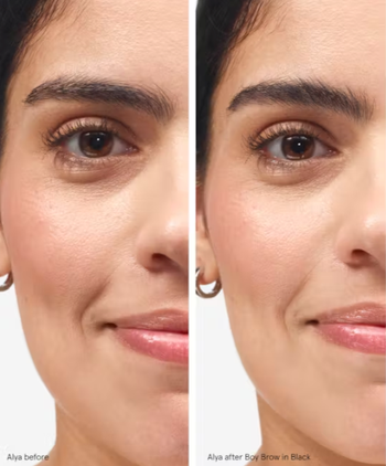 A side-by-side comparison of a person's face before and after using Boy Brow