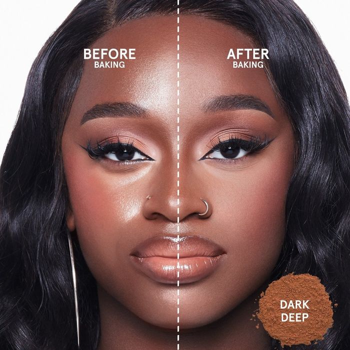 A close-up of a model's face split into 'Before Baking' and 'After Baking' to showcase the difference
