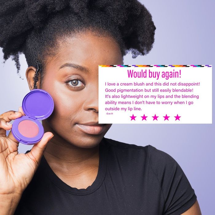 A woman holds a compact of cream blush next to her face with a review text that reads: