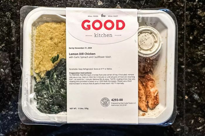 The Good Kitchen Meal Kit with a lemon dill chicken dinner, still in its packaging.