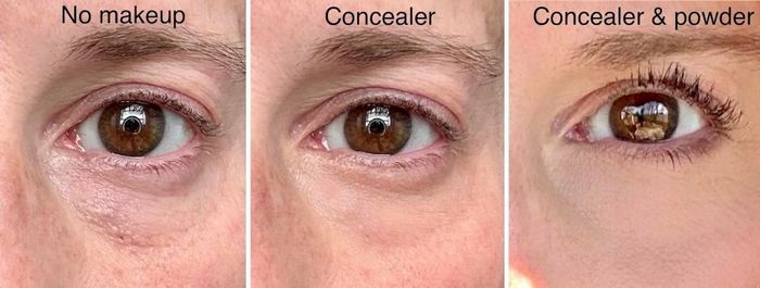 Close-up of a person's eye shown in three steps: bare, with concealer, and with both concealer and powder, demonstrating the transformation after makeup application