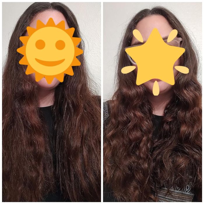 A reviewer shows the before-and-after of using the hair mask, demonstrating how their hair feels softer and looks more hydrated after treatment.