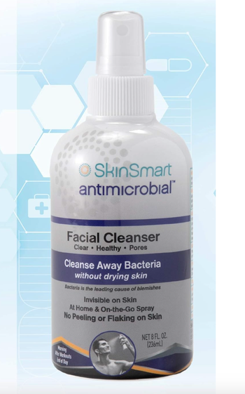 SkinSmart Antimicrobial Facial Cleanser Spray bottle, 8 fl. oz. Label highlights: eliminates bacteria without drying skin, invisible on the skin, on-the-go spray