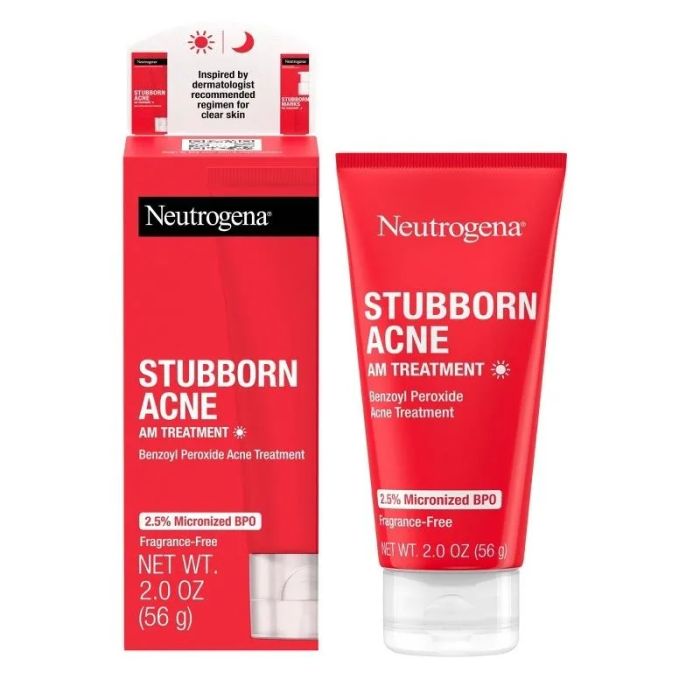 A red tube of acne treatment designed to target stubborn breakouts.