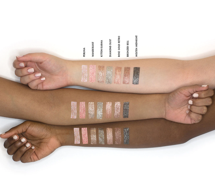 The eye shadows displayed swatched on three diverse skin tones