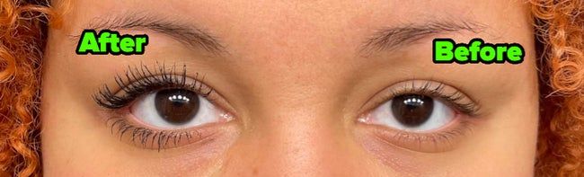 The reviewer's lashes, one after using the mascara and the other without