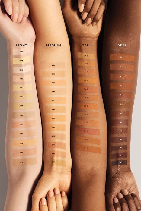 Four models showcasing various shade swatches on their arms