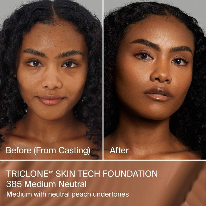 Before-and-after images of a model applying the Haus Labs foundation