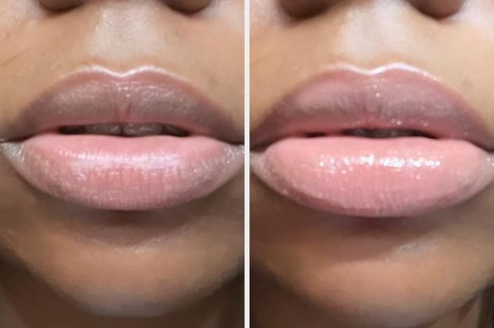 Close-up of a person's lips in two side-by-side images showing the before and after of applying a lip gloss product for added shine.
