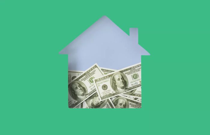 A house-shaped figure with green money overlaying it.