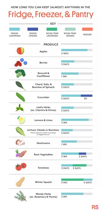 A visual chart that illustrates how long produce remains fresh when stored in the fridge, freezer, or at room temperature.