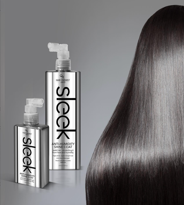 A sleek anti-humidity shine serum and a model with straight, glossy hair, demonstrating the product's ability to create smooth, shiny results.