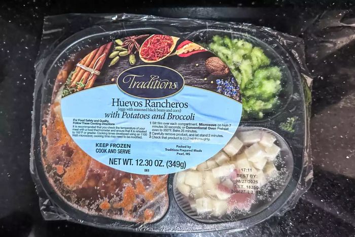 A Magic Kitchen meal, still in its plastic packaging, before it's cooked.
