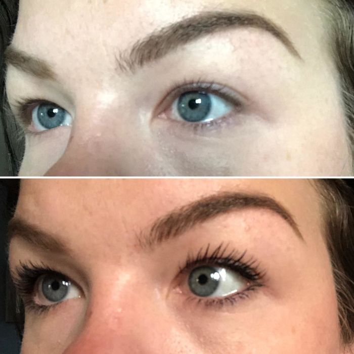 before and after shots showing how the mascara made their light lashes pop and appear longer