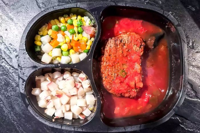A Magic Kitchen meal with the plastic packaging removed, ready to eat.
