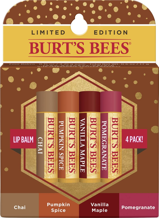 Burt's Bees Limited Edition Lip Balm 4-Pack featuring Chai, Pumpkin Spice, Vanilla Maple, and Pomegranate flavors, all in cute fall-themed packaging