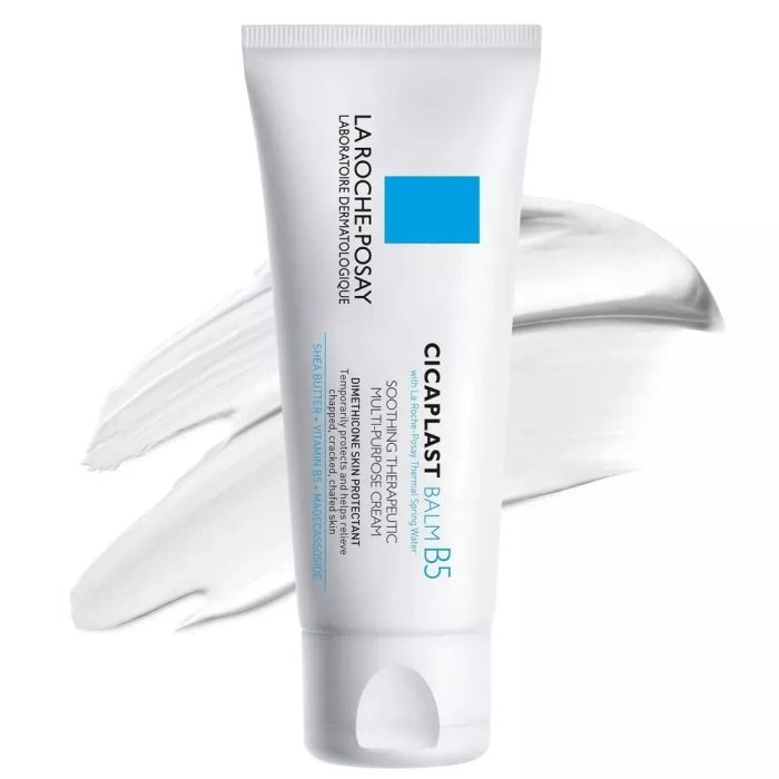 A tube of La Roche-Posay Cicaplast Balm B5 sitting against a white backdrop, showcasing its soothing and skin-repairing qualities.