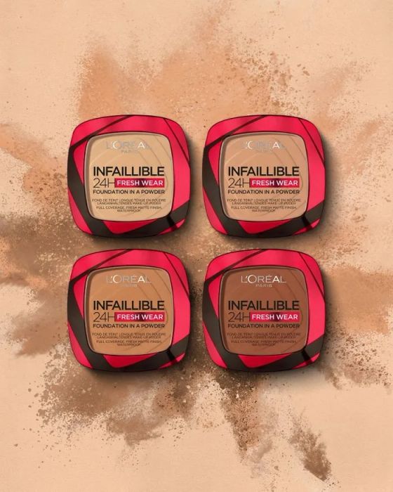 four foundations set against a warm tan background