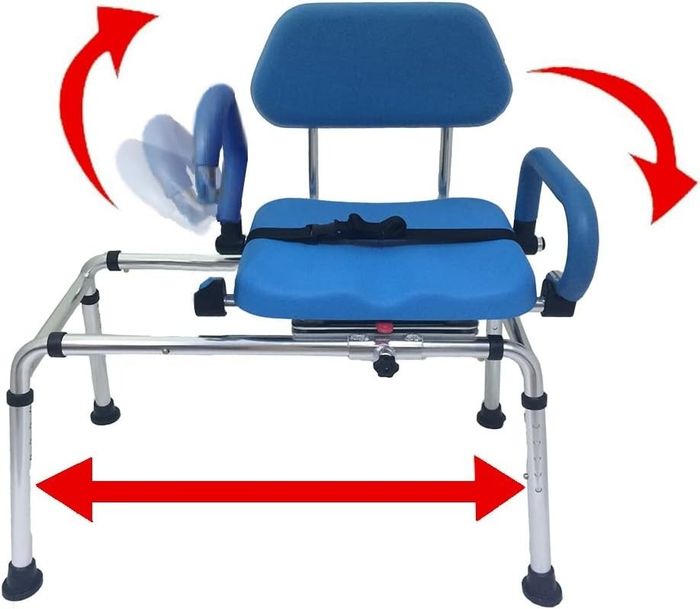 The blue swiveling shower chair