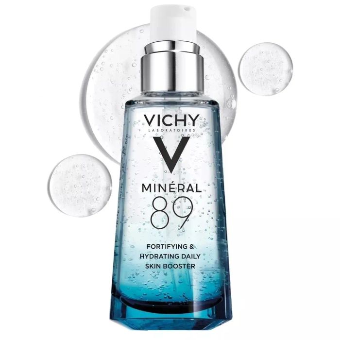 Vichy Mineral 89 Fortifying & Hydrating Daily Skin Booster bottle with bubbles in the background