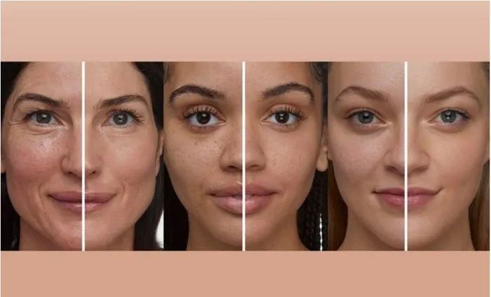 Three models with different skin tones showcasing the same product shade