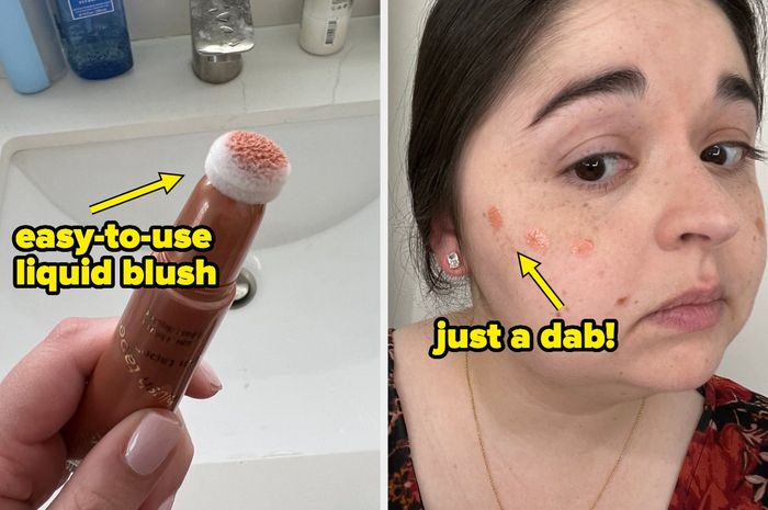 A side-by-side comparison of Tarte liquid blush and a Mytour editor applying it on their cheeks