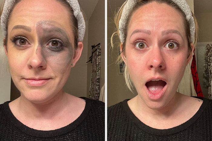 A reviewer showing a full face of makeup, followed by a second image with all makeup removed