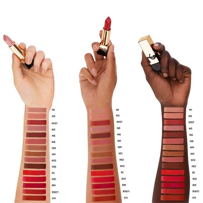 Three arms displaying various lipstick shades