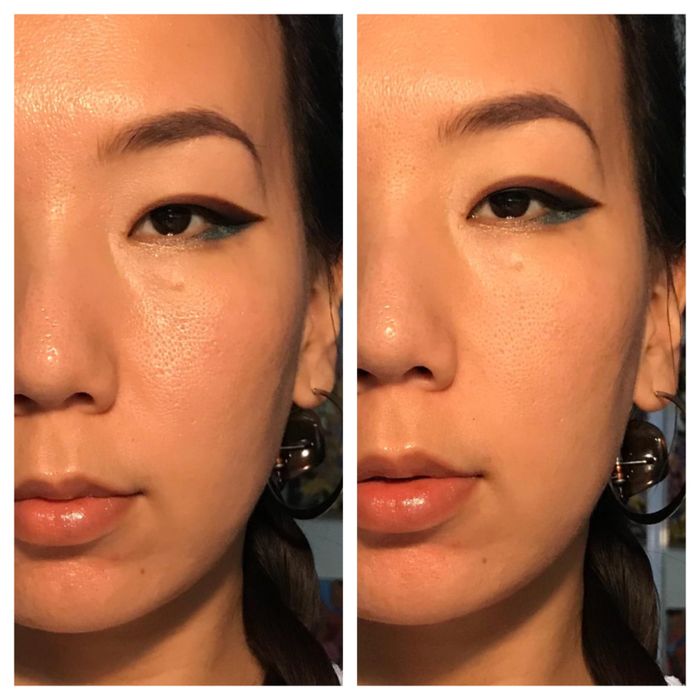Two side-by-side photos showing a reviewer's face before and after using blotting sheets.